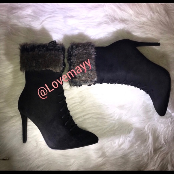 💀NEW Faux Fur Faux Suede Heeled Booties - Picture 5 of 7